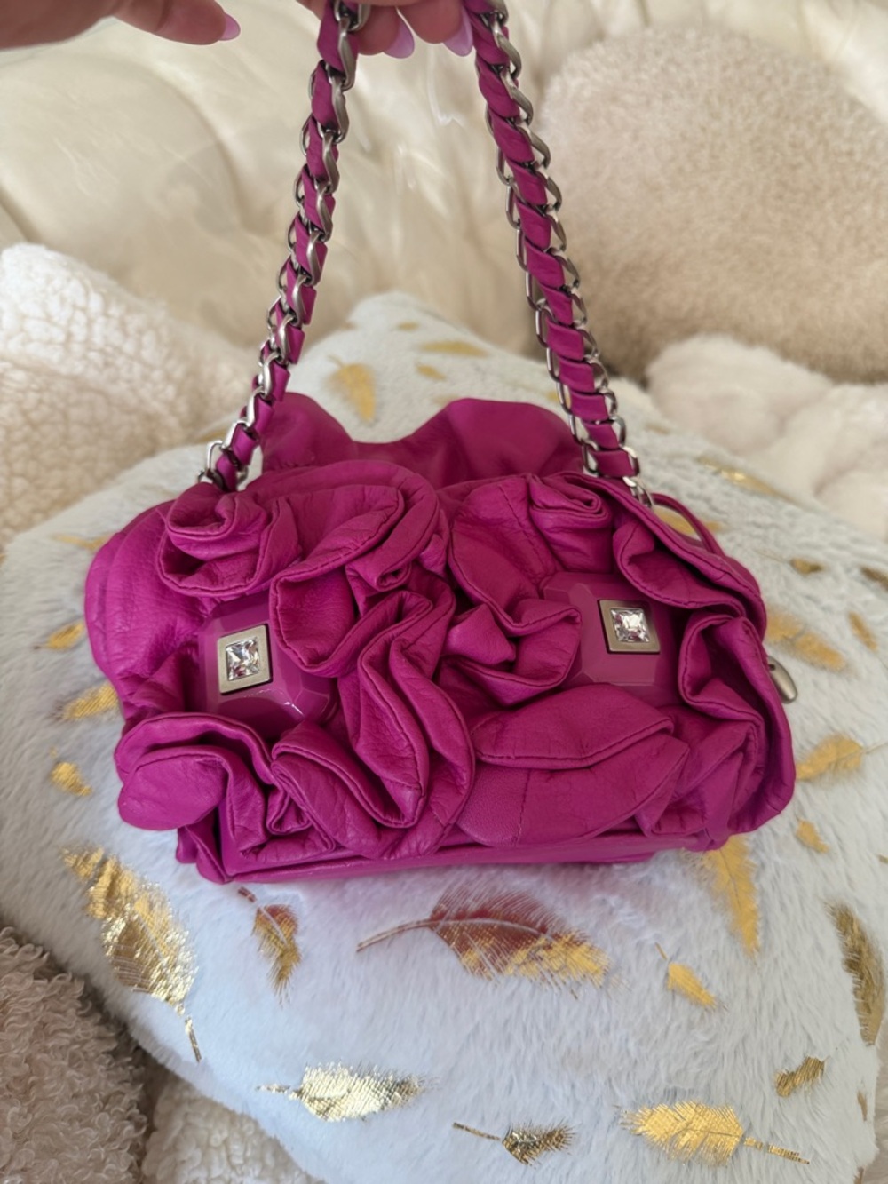 Renato Angi Hot Pink Floral Appliqué Mini Shoulder Bag